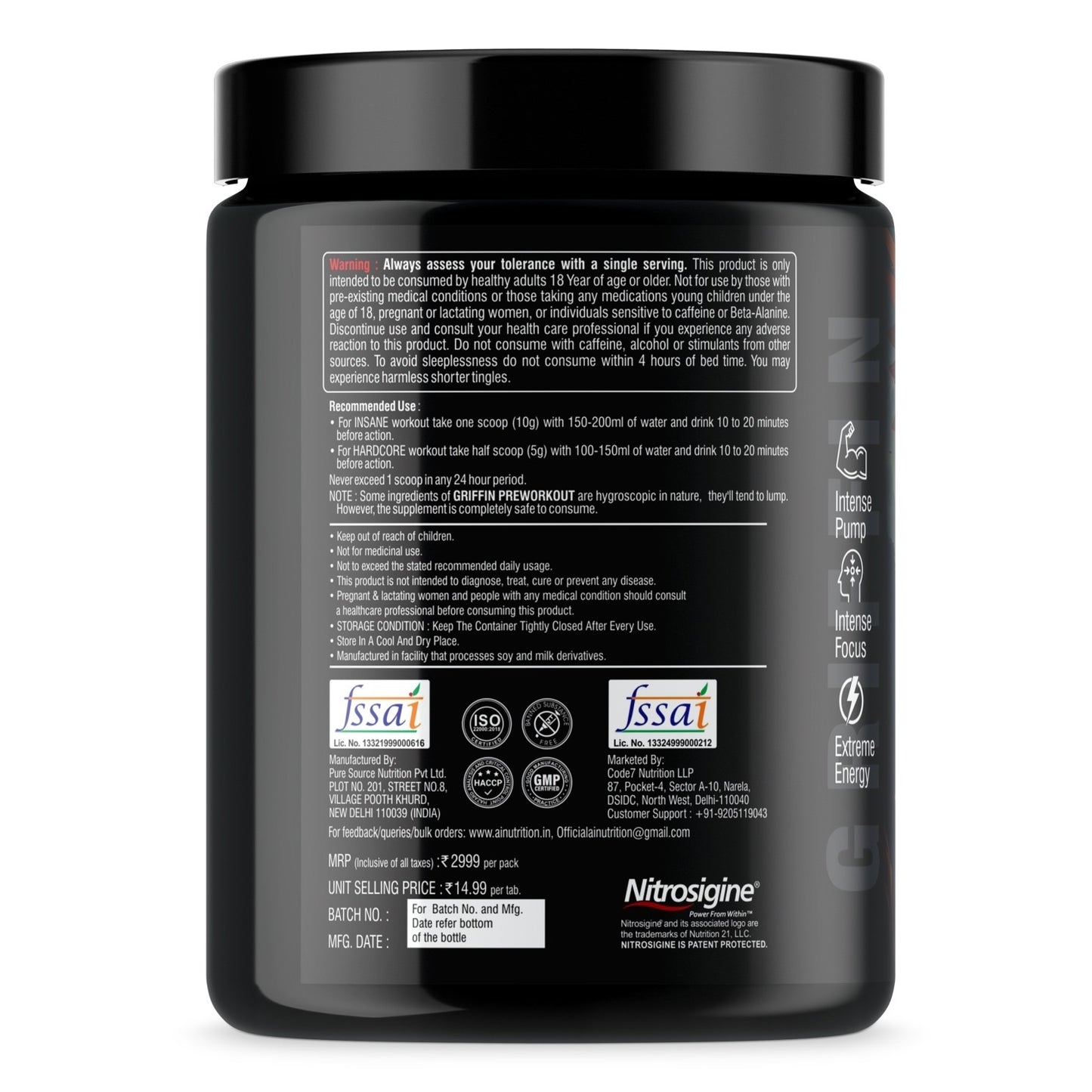 Griffin Pre-Workout powered with Nitrosigine and L-Citrulline :